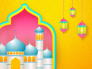 Glossy mosque illustration and hanging illuminated lanterns on islamic pattern background for Ramadan Mubarak celebration.