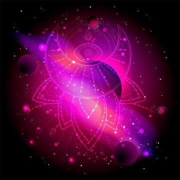 Vector illustration of Sacred or mystic symbol against the space background with planets and stars.