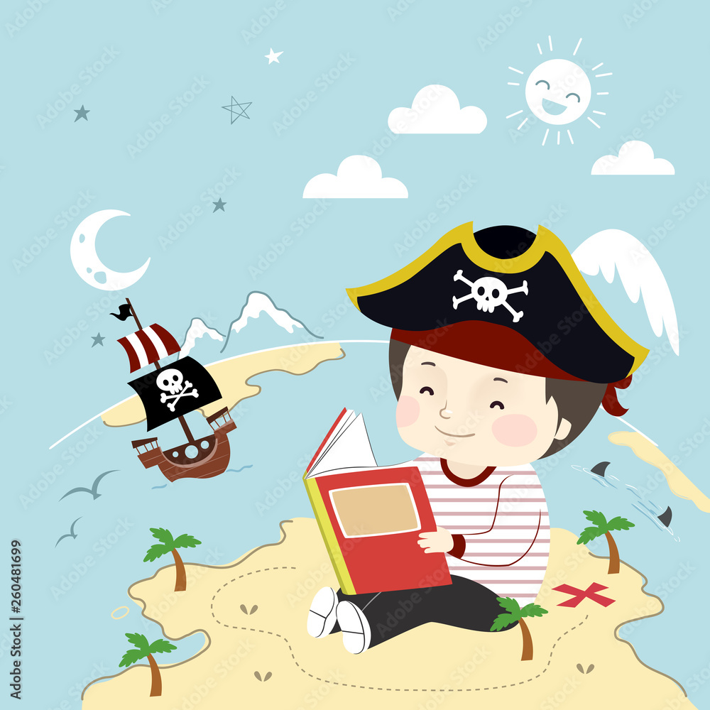 Sticker Kid Boy Pirate Book Island Ship Illustration