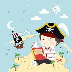 Kid Boy Pirate Book Island Ship Illustration