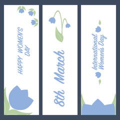 Set of romantic floral bookmarks, flyers or greeting cards template with blue bellflowers, leaves and text samples. Pastel colours, white background, flat style vector illustration.