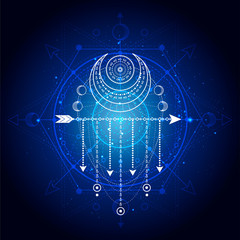 Vector illustration of Sacred or mystic symbol on abstract background. Geometric sign drawn in lines. Blue color.