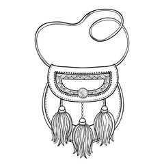 Outline Scottish sporran or small ornate pouch or bag with fur tassel in black isolated on white background. 