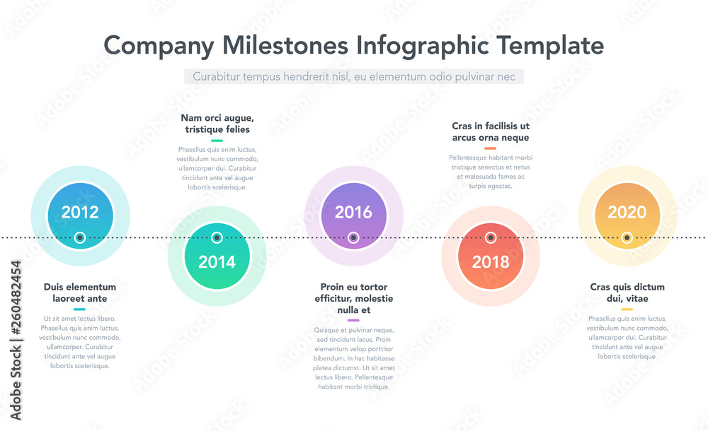 Aufkleber Modern infographic for company milestones timeline with colorful circles and place for your description. Easy to use for your website or presentation.