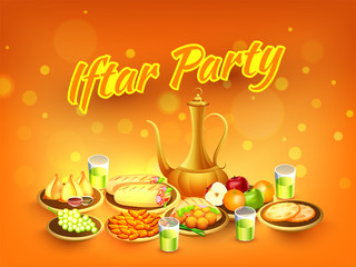 Elegant banner or poster design with illustration of food, jug and glass for Islamic Holy Month fasting, Iftar Party celebration.