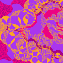 Abstract pattern of yellow circles and lines and red spots on a purple background