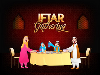 Holy month of Muslim Community, Islamic family enjoying food and celebrating Iftar Gathering Party, banner or poster design.