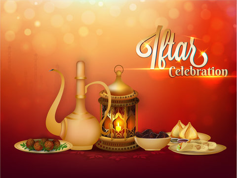 Iftar Party Celebration banner or poster design with illustration of food, jug and glass of Islamic, space for your text.