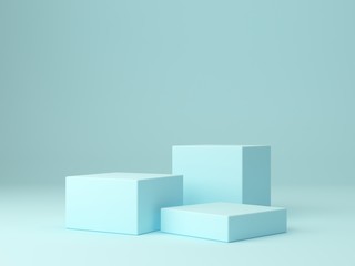 Minimal scene with podium and abstract background. Geometric shape. Blue pastel colors scene. Minimal 3d rendering. Scene with geometrical forms and blue background. 3d render. 
