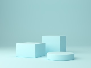 Minimal scene with podium and abstract background. Geometric shape. Blue pastel colors scene. Minimal 3d rendering. Scene with geometrical forms and blue background. 3d render. 