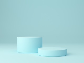 Minimal scene with podium and abstract background. Geometric shape. Blue pastel colors scene. Minimal 3d rendering. Scene with geometrical forms and blue background. 3d render. 