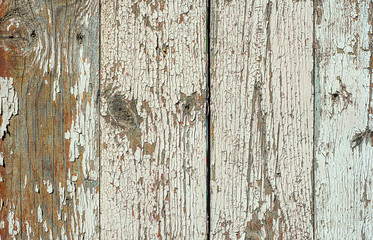 White painted plank fence with cracked and scratch. Closeup horizontal grunge texture