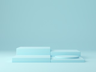 Minimal scene with podium and abstract background. Geometric shape. Blue pastel colors scene. Minimal 3d rendering. Scene with geometrical forms and blue background. 3d render. 
