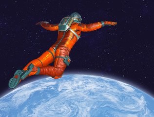Obraz na płótnie Canvas Astronaut floating above Planet Earth. Elements of this image furnished by NASA. 3D rendering.
