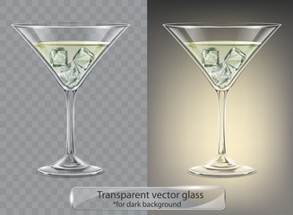 Transparent vector glass with Martini and ice for dark background