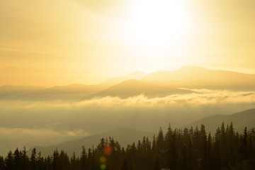 Sunrise in the Ukrainian Carpathian Mountains. Sun Rising over Hoverla Mountain, Highest Point of Ukraine.