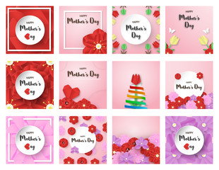 Fototapeta na wymiar Bundle template design for happy mother's day. Vector illustration in paper cut and craft style. Decoration background with flowers for invitation, cover, banner, advertisement.