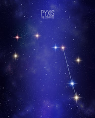 Pyxis the compass constellation map on a starry space background. Stars relative sizes and color shades based on their spectral type. © Matthieu