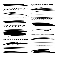 Hand drawn collection set of underline strokes in marker brush doodle style. Grunge brushes. - obrazy, fototapety, plakaty
