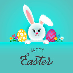Bright greeting card with handwritten inscription Happy Easter. Retro lettering. Easter bunny in the form of eggs on the background of green grass and spring flowers. vector