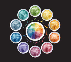 Polygonal colorful circles with triangles. Template infographic 10 positions for text area