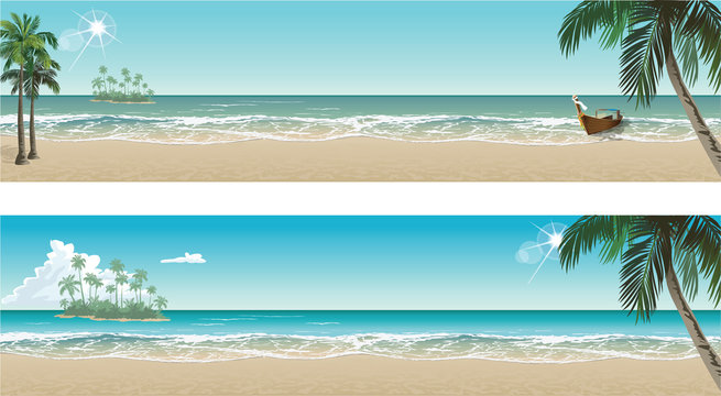 Tropical beach paradise. Vector seaside view posters