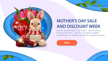 Mother's day sale and discount week, modern blue horizontal discount banner in paper cut style design with button, plush rabbit, tulips and gift