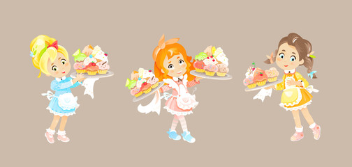 Three Cute Little Girls in Aprons Holds Cupcakes or Muffins on the Tray. Vector Illustration People and Bakery or Pastry Shop food