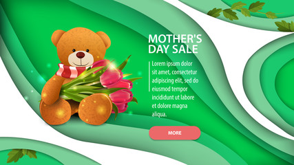 Mother's day sale, modern green horizontal discount banner in paper cut style design with button and Teddy bear with a bouquet of tulips
