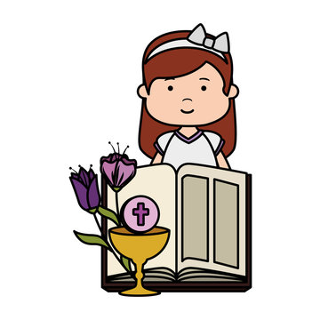 little girl with bible and flowers first communion