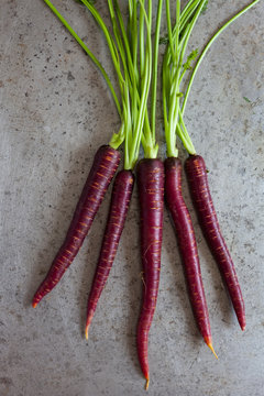 Overhead View Of A Bunch Of Purple Carrots On Gray Surface