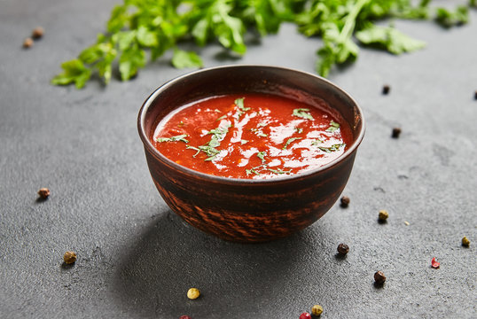 Satsebeli tomato ketchup sauce and paste with red hot chilly pepper, cilantro, garlic, vinegar, spices. Georgian traditional spicy food flavor used in many dishes in Ajaria and Megrelian regions