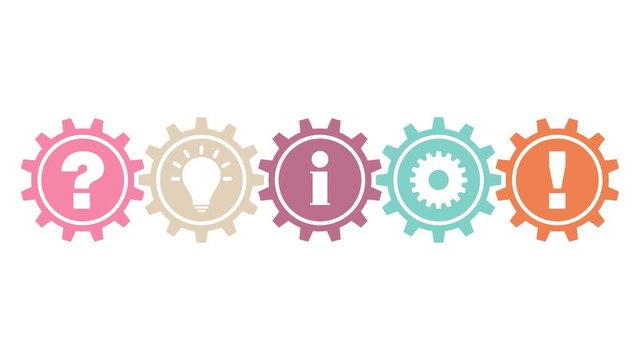 5 Drehende Zahnr&auml;der Frage, Idee, Information, Arbeit & Antwort Retro