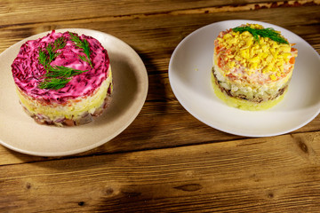 Traditional russian layered salads 