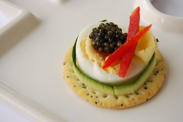 black caviar served on a dish with boiled egg and cucumber 