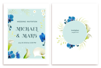 Fototapeta na wymiar Wedding invitation. Flowers. Floral background. Callas. Orchids. Green leaves. White. Blue.