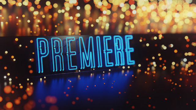 Neon Premiere Sign Abstract Background. 3D illustration