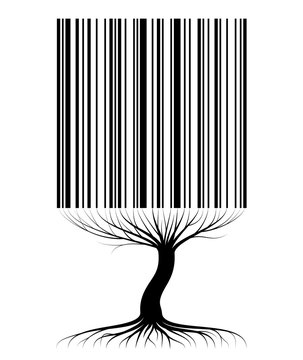 Abstract tree contour with roots and branches similar to a barcode. For an article on sales, business or ecology.