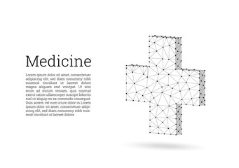Medical cross low poly wireframe style. Medicine, first aid concept. Medical and pharmacy vector sign. Abstract polygonal design of medical cross. White background, black lines, polygons and points.
