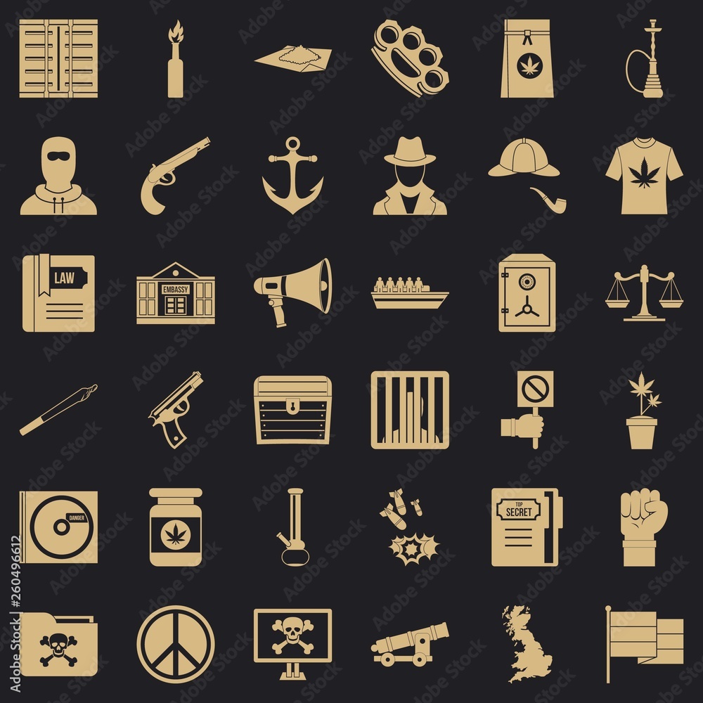 Poster secret crime icons set. simple style of 36 secret crime vector icons for web for any design