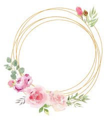Watercolor golden geometric frame decorated with florals and roses peony