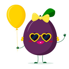 Kawaii cute purple plum cartoon character sunglasses hearts and earrings. Holds a red air balloon. Logo, template, design. Vector illustration, a flat style