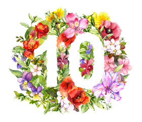 Floral number 10 ten from bright flowers, summer plants. Vintage watercolor for fashion discount design
