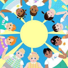 bright children's card with images of children of different nationalities, symbolizes friendship between Nations