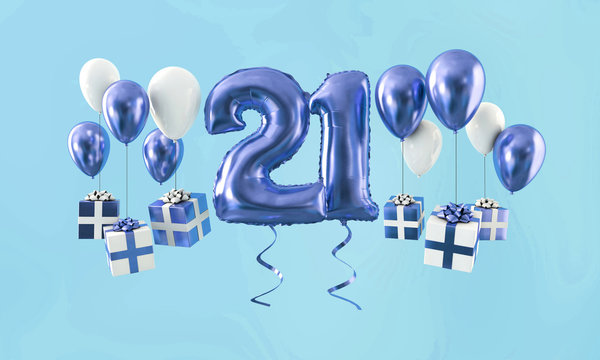 Number 21 birthday celebration gold balloon with presents. 3D Render