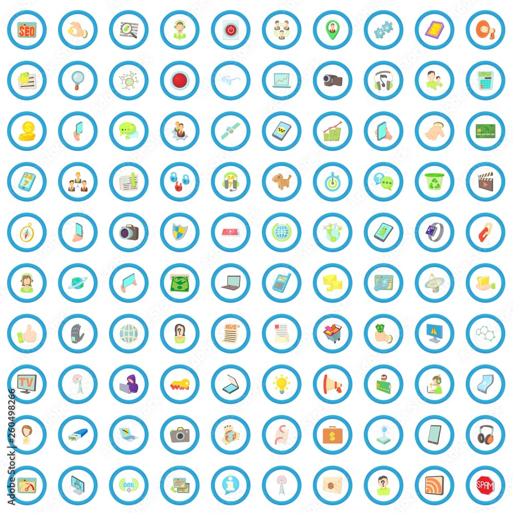 Poster 100 seo and web icons set in cartoon style for any design vector illustration
