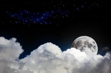 Fototapeta na wymiar Night sky scene mock-up with white clouds, full moon and distant stars
