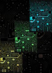 Abstract texture of computer chips of golden and green colors with blue on a dark background
