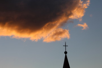 pôr-do-sol e a Igreja de Santo Antônio, bairro Centro, cidade de Florianópolis, estado de Santa Catarina, Brasil