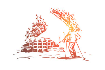 Finland, country, travel, mountains, skiing concept. Hand drawn isolated vector.